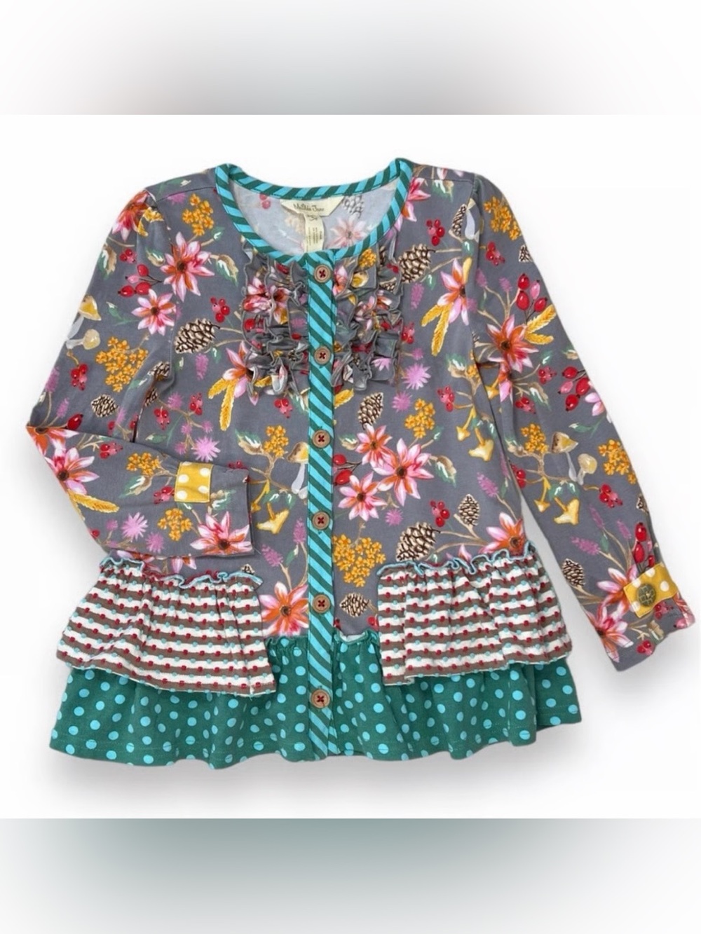 Matilda Jane size 8 Girls Floral Ruffle Button-Front Top - Gray & Teal